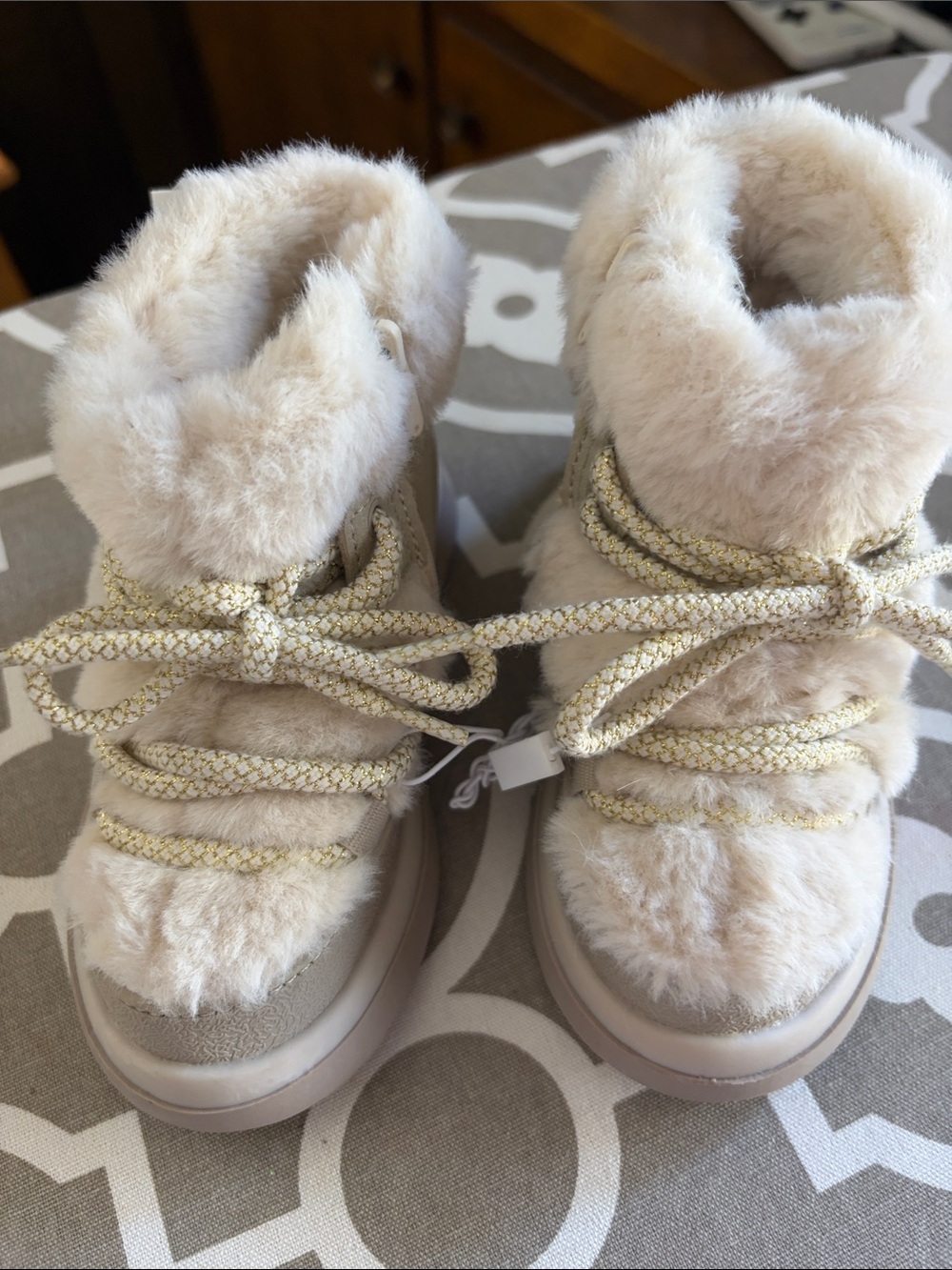 Zara Cream Faux-Fur Lace-Up Kids Boots